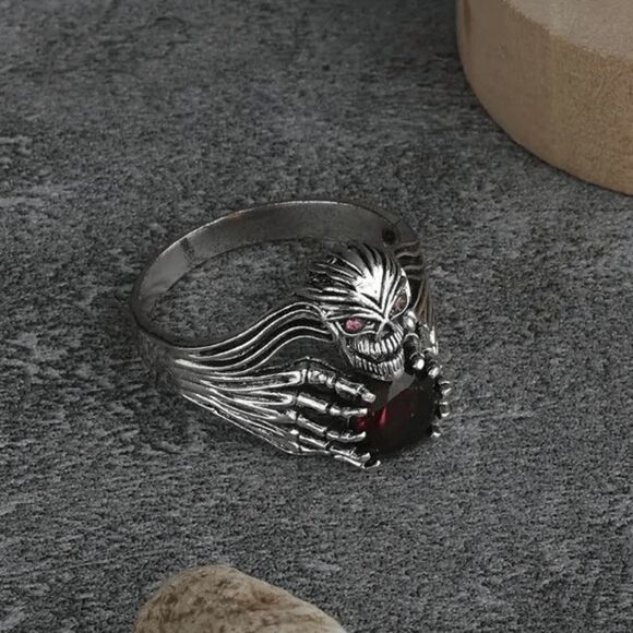 Silver Red Crystal Gothic Punk Claw Skull Ring - Picture 2 of 5